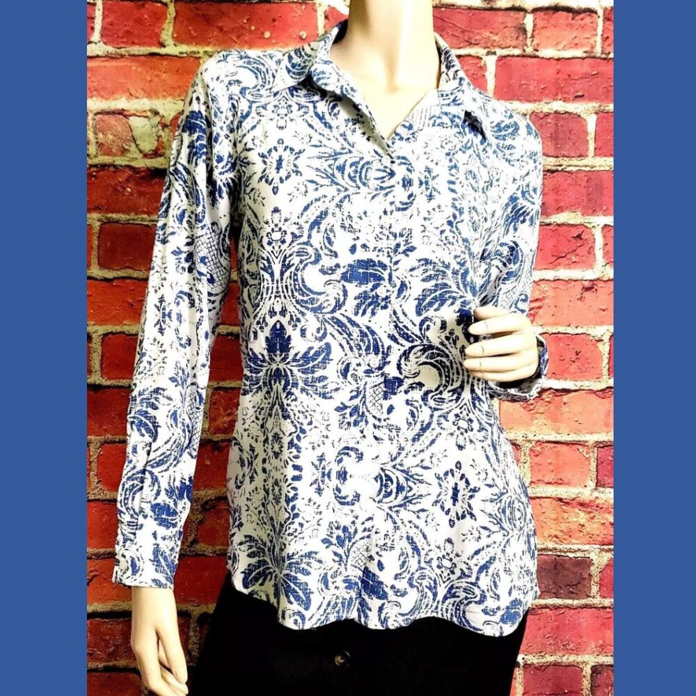 NWT Big Dart Blue/White Floral/Paisley Long Sleeve Button Down Blouse US Size 12